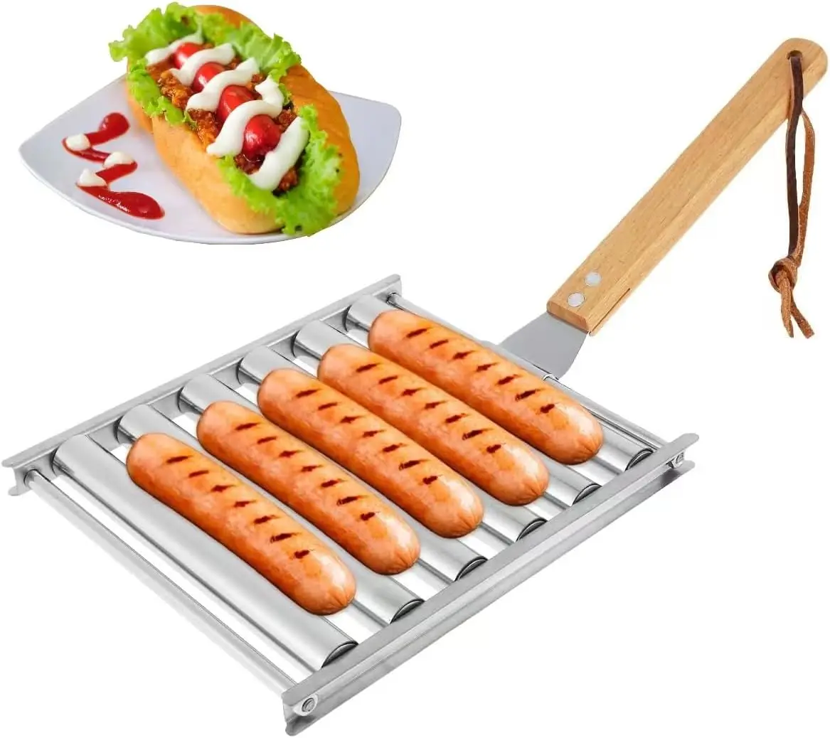 

Hot Dog Roller, Stainless Steel Sausage Roller Rack with Extra Long Wood Handle, BBQ Hot Dog Griller for Evenly Cooked Hot Dogs,