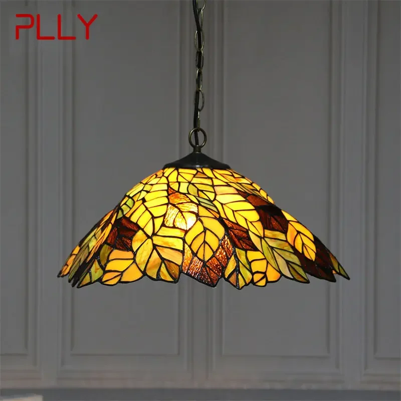 PLLY Tiffany Glass Pendant Lamp LED Creative Leaf Pattern Hanging Light Decor for Home Dining Room Bedroom Hotel