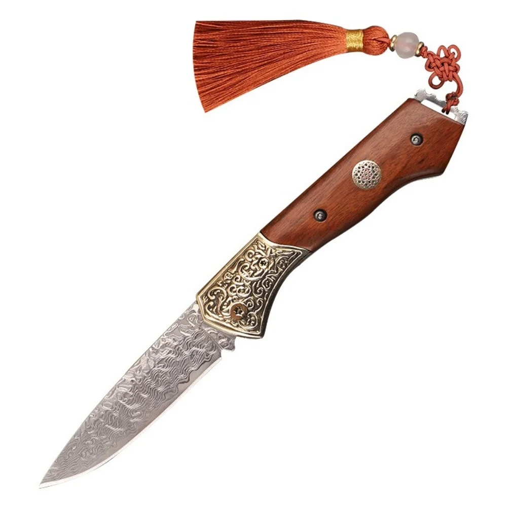 

New Damascus Steel Folding Knife Red Sandalwood Handle Brass Engraved Multifunctional Outdoor EDC Camping Tool