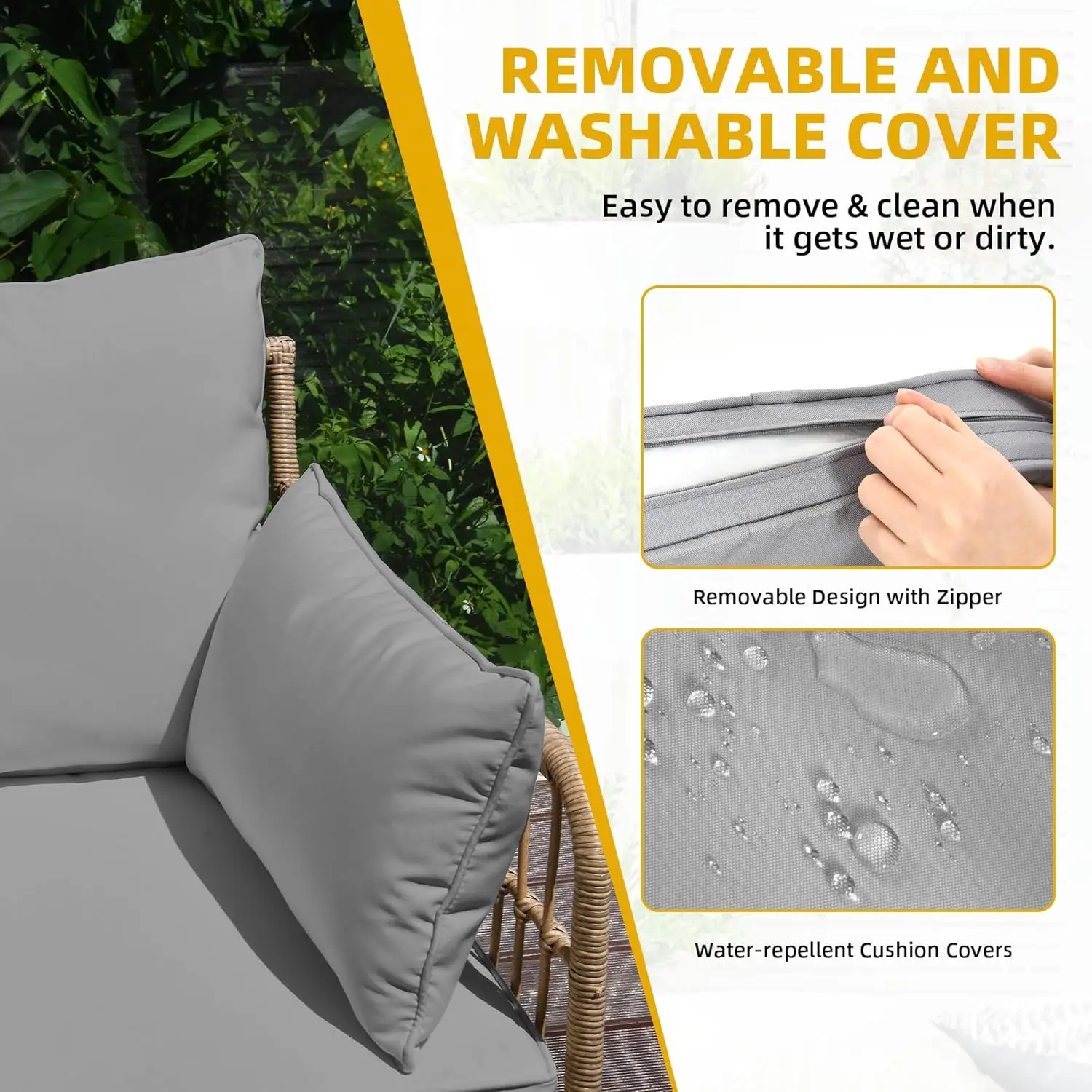 طقم أريكة مقطعية خارجية مكون من 4 قطع، أثاث فناء من الخيزران على شكل حرف L مناسب لجميع الأحوال الجوية مع وسائد قابلة للإزالة وطاولة جانبية #4