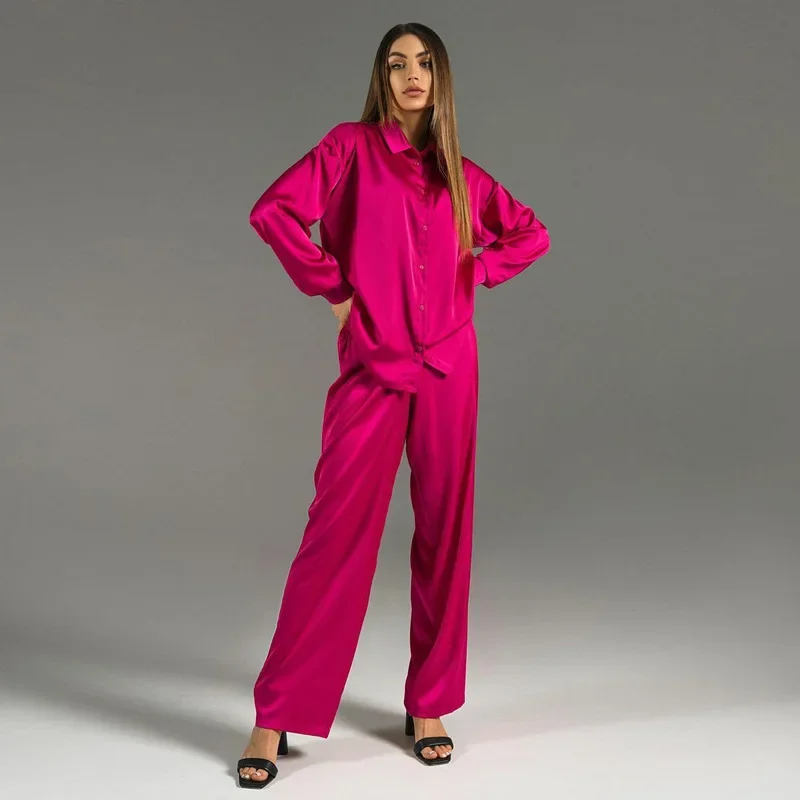 

Womens 2-Piece Ice Silk Pajama Set Long Sleeve Lounge Sets Button Down Shirts Pants PJs Satin Sleepwear Sets Loungewear Women