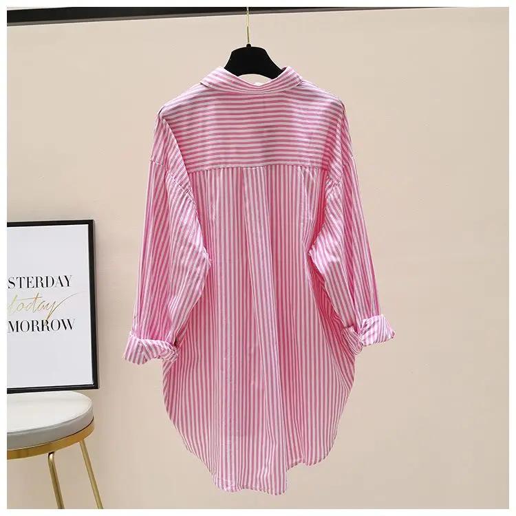 Orange Striped Printed Long-sleeved Shirt for Women, Fashionable, Casual, Simple, Comfortable, Mid-length Cardigan