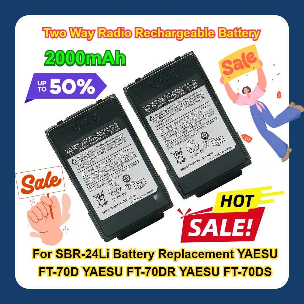 Two Way Radio Rechargeable Battery 2PCS For SBR-24Li Battery Replacement YAESU FT-70D YAESU FT-70DR YAESU FT-70DS