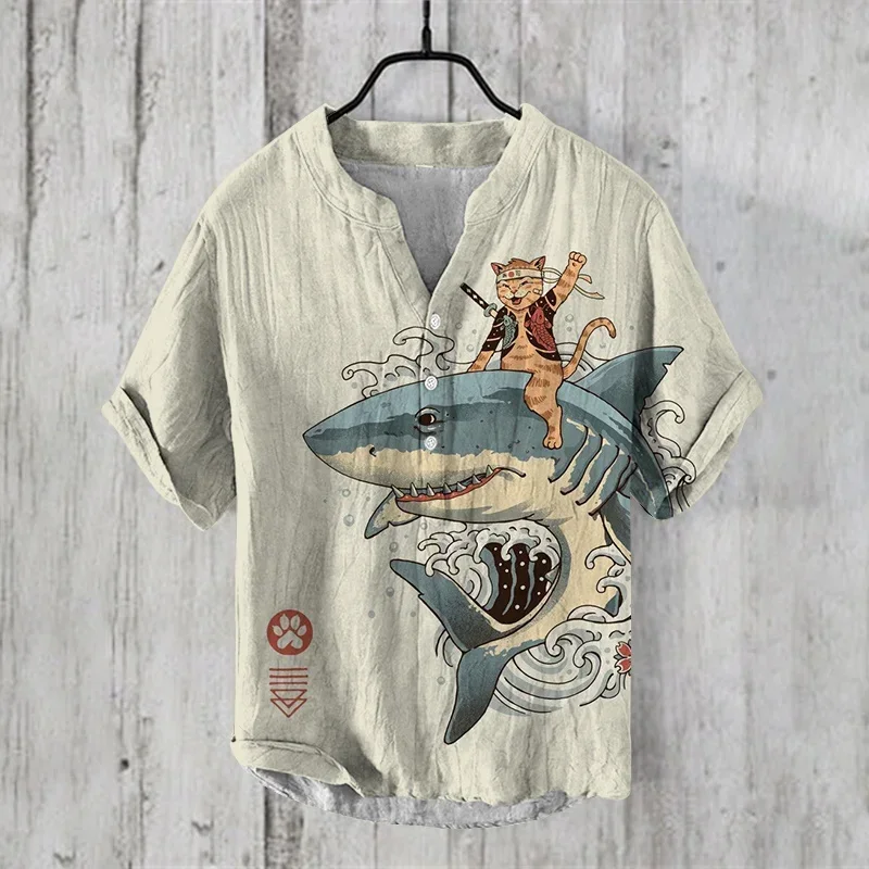 2024 New Henry Shirt Men Shirt Casual Clothing Animal Pattern Fashion Button Chinese Style V Neck Shirt Oversized Design