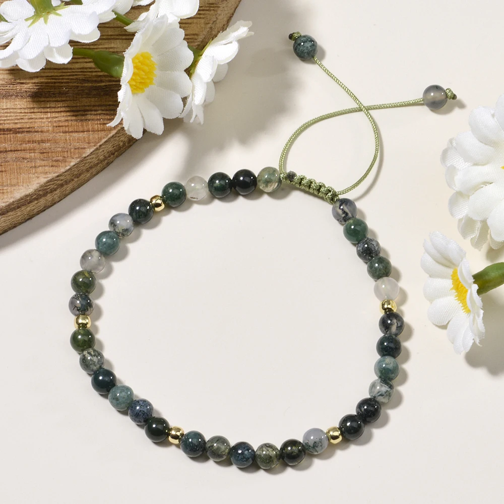 4mm Natural Stone Moss Agate and Brass Beads Braided Adjustable Bracelet for Men Women Daily Wear Gift Wholesale Jewelry