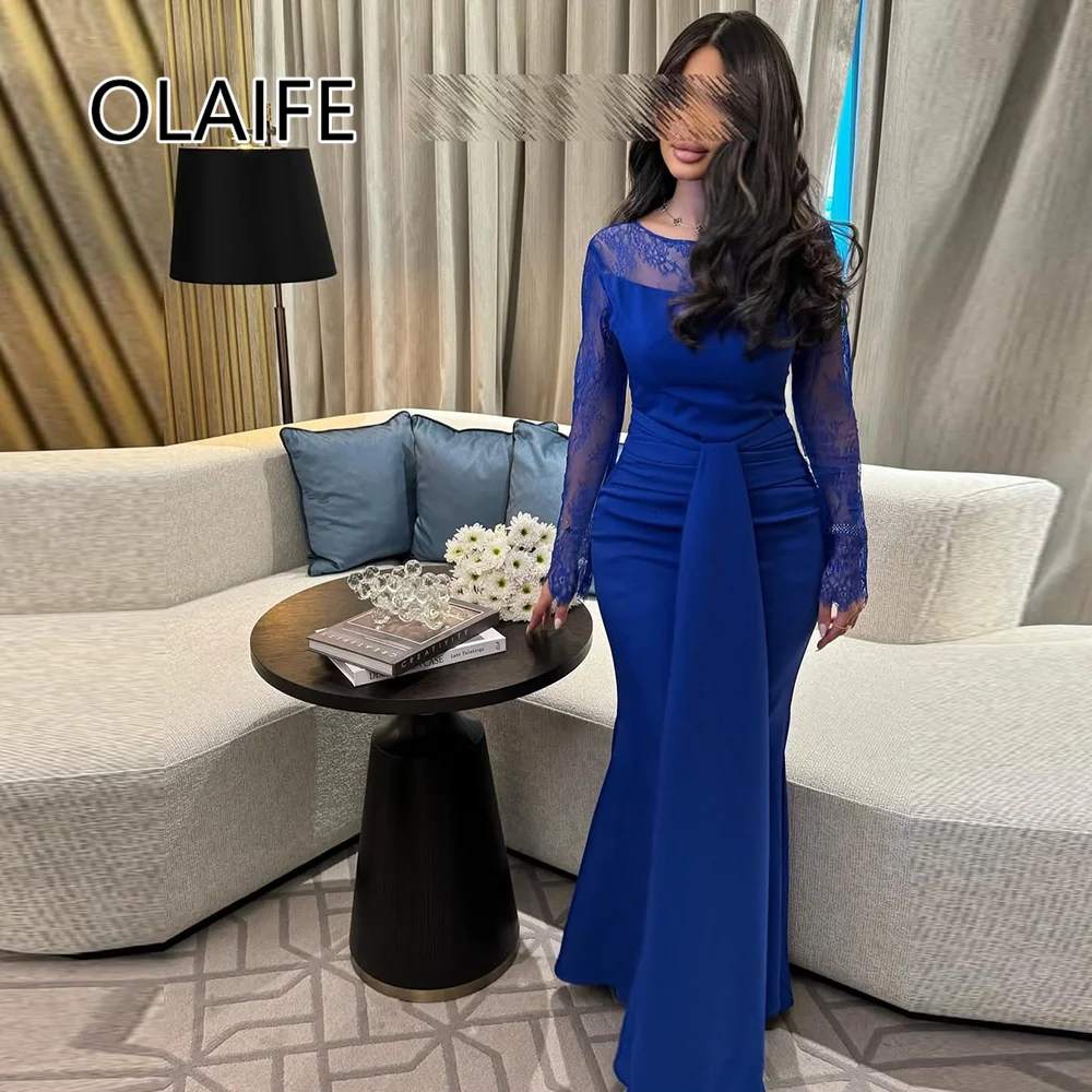 

Graceful O-neck Satin Sheath Arab Dres with Lace Sheath Floor-Length Backelss Evening Gown Long Sleeve فساتين سهرة Customized