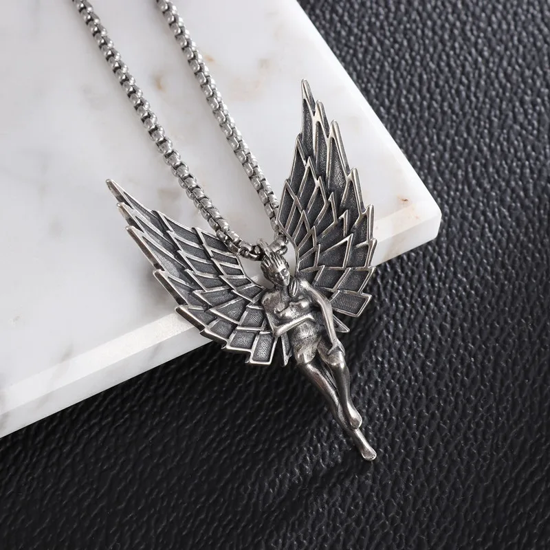 Classic Retro Angel Wings Pendant Necklace Men and Women Couples Blessing Trend Amulet Daily Leisure Jewelry Anniversary Gift