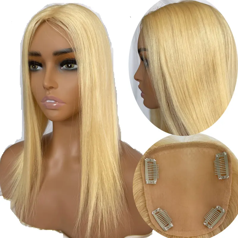 Braziliaanse Human Hair Toppers Voor Dames Zijden Basissluiting Clip In Top Haarstukjes Steil Maagdelijk Haar Blond 613 #12X13(4.7X 5.1in)