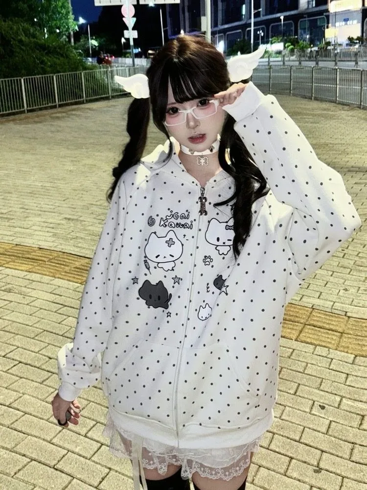 Autumn Winter Sweet Cute Cat Ear Hooded Hoodie Women Casual Kawaiii Polka Dot Print Design Coat Elegant Fashion Loose Jacket New - view 3