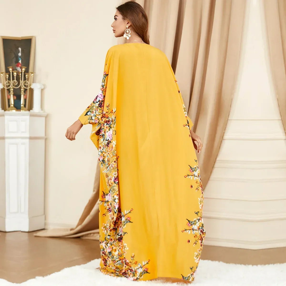 Dubai Yellow Bat Sleeve Loose Muslim Abaya Dress Fashion Plus Size Women Dress Casual Robe Moroccan Caftan Dresses for Women