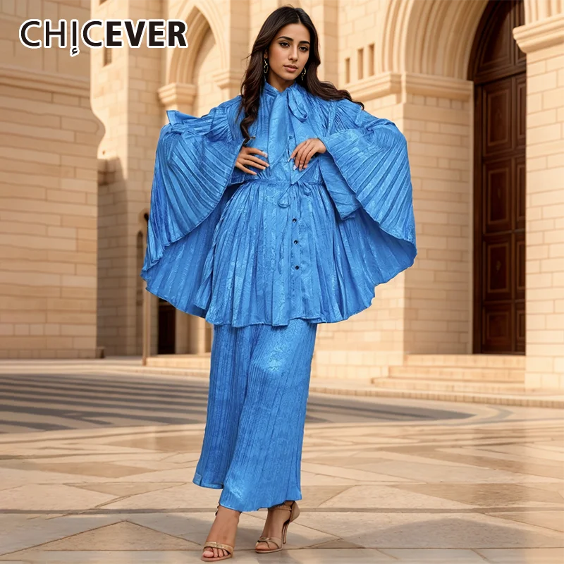 

CHICEVER Print Solid Two Piece Set For Women Scarf Collar Flare Sleeve Cape Spliced Elastic Folds Dress Elegant Sets Female New