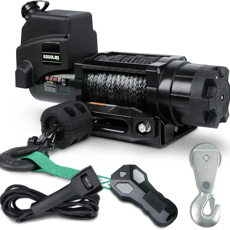 Electric Winch 12v 6000lbs Boat Trailer Winch with Remote Synthetic Rope 1/4 in x 55 ft Hook Wireless Remote Handlebar Switch