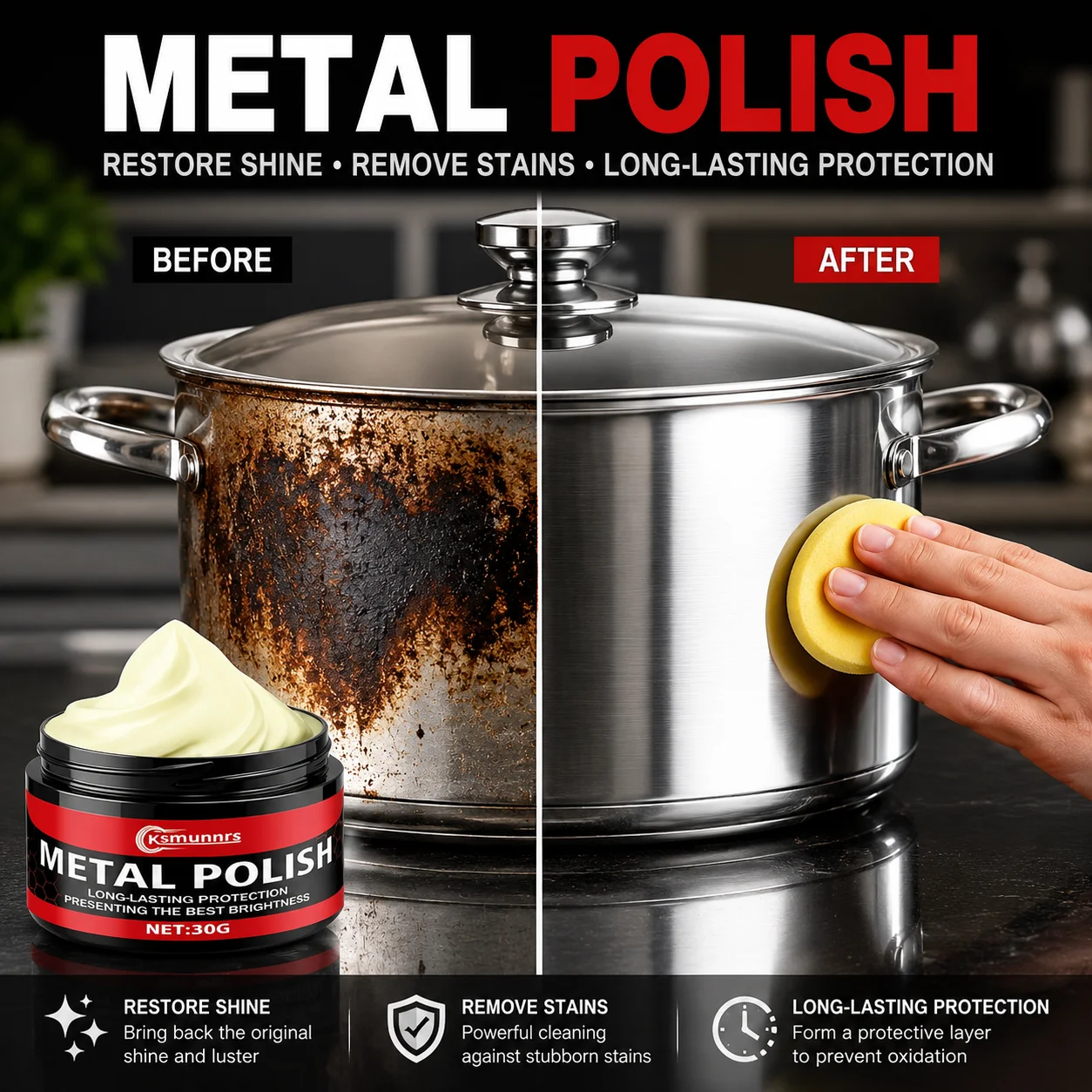 All Metal Polish Paste, Chrome and Stainless Steel Shine Restorer for Metal and Painted Surfaces, No Residue Formula