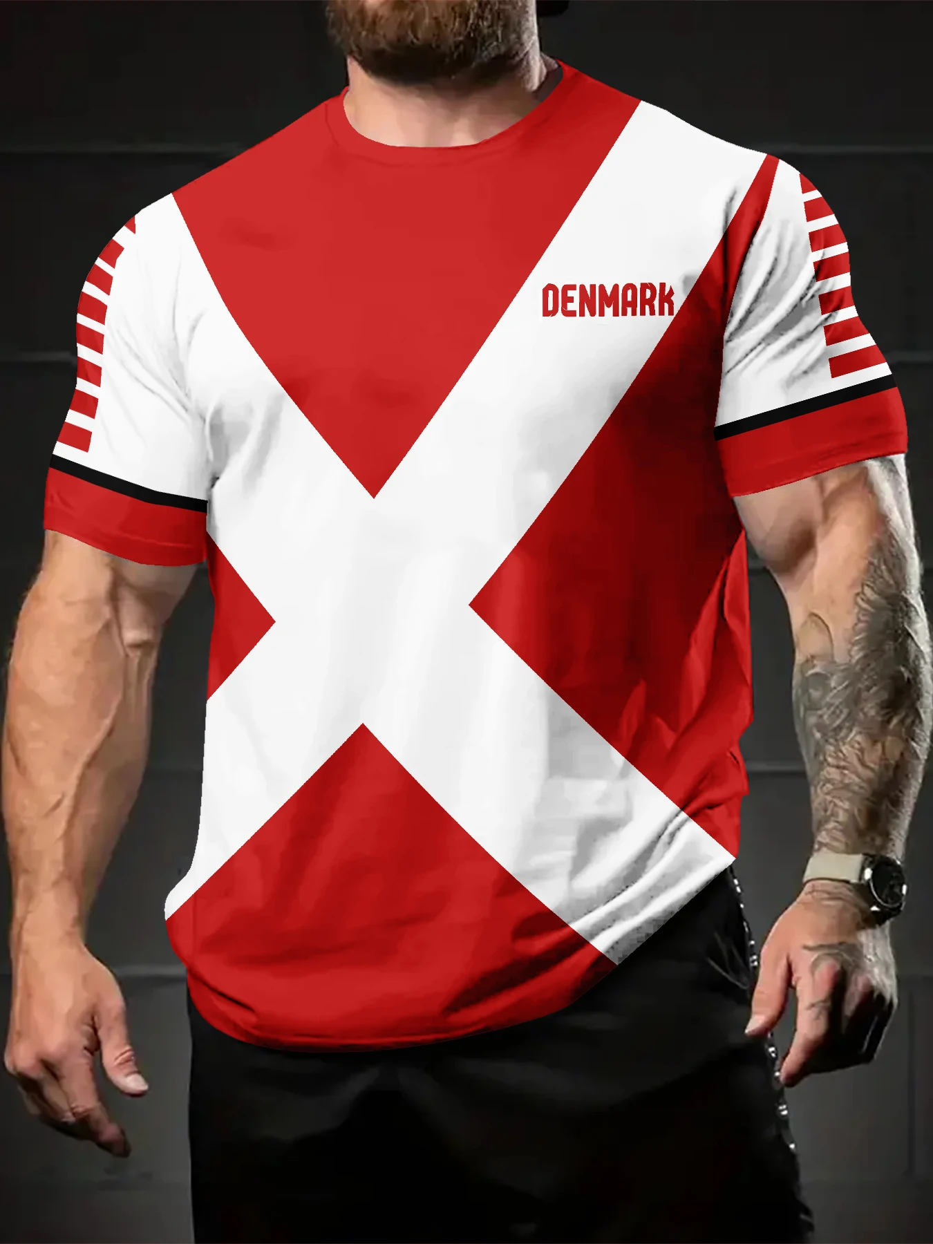 Men Daily Vacation Short Sleeve Tee, Sport Graphic T-Shirt with Red White Diagonal Large Block Cuff Strip Letter Pattern