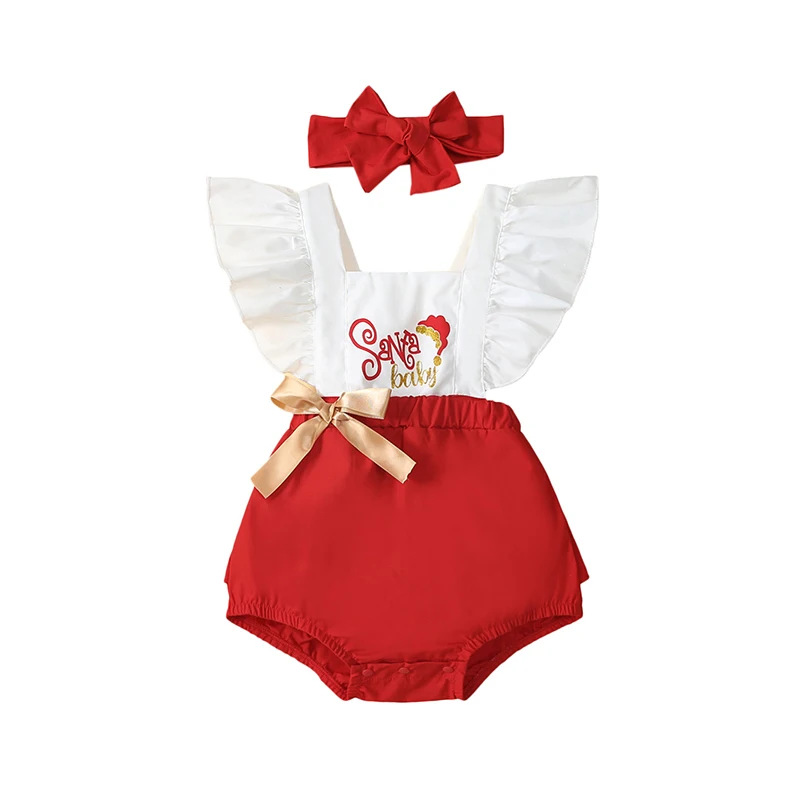 

Newborn Baby Girls Christmas Romper Flying Sleeve Letter Print Patchwork Playsuit Jumpsuit with Headband Infant Clothing