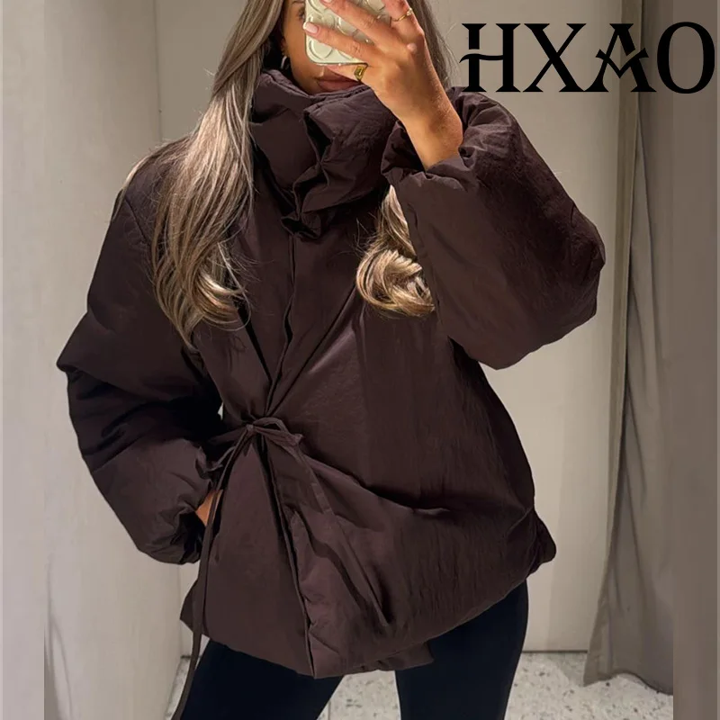 

HXAO Women's Winter Jacket Parkas Padding Quilted Jacket Woman Warm High Neck Short Padded Jacket Tied Long Sleeve Coat Ladies