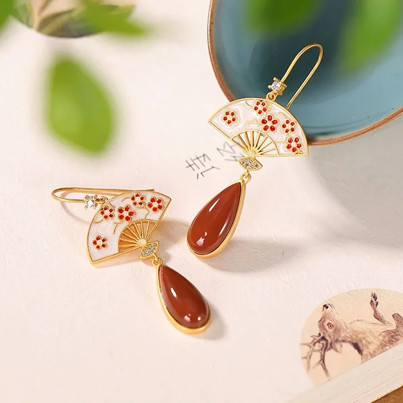 Ancient gold craft Southern red tourmaline Blossom Fan earrings for women Chinese style exquisite water drop Eardrop new jewelry