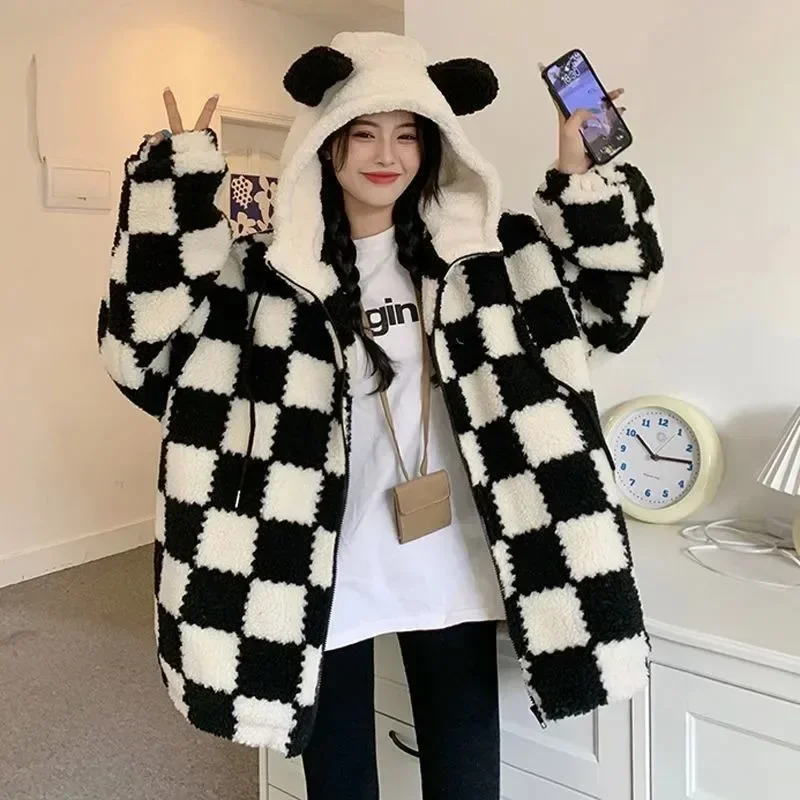 Kawaii Zip Up Loose Y2k Hoodies Women Winter Thicken Checkerboard Harajuku Bear Ears Cute Female Sweatshirt Oversized Coat Kpop