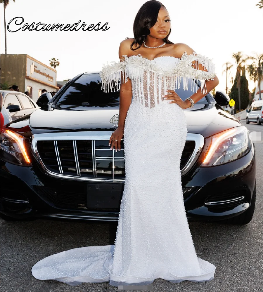 Luxury Pearl Beaded Mermaid Prom Dress Off Shoulder Sheer Corset Tassel Fringe White Evening Gown with Train Nigeria Aso Ebi