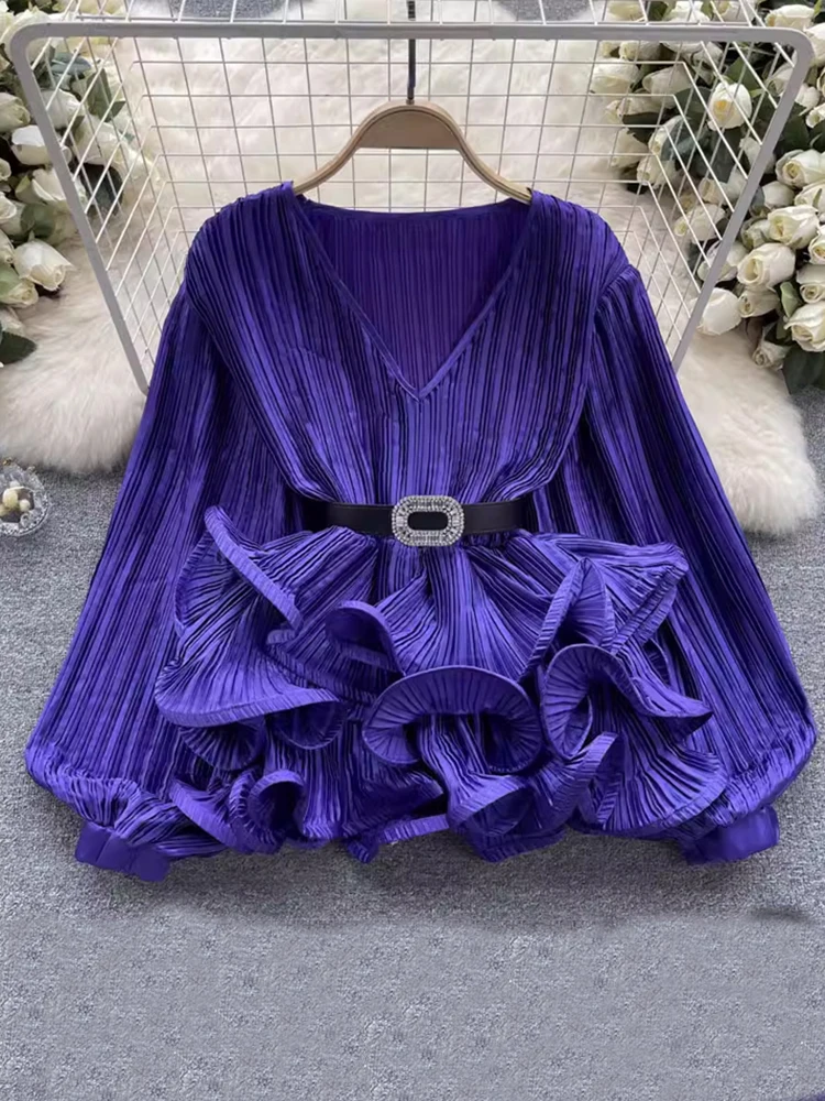 EWQ Ruffles Pleated Blouse For Women Fashion V Neck Belt Gathered Waist Lantern Sleeves Tops Fashion 2024 Summer New 27C111