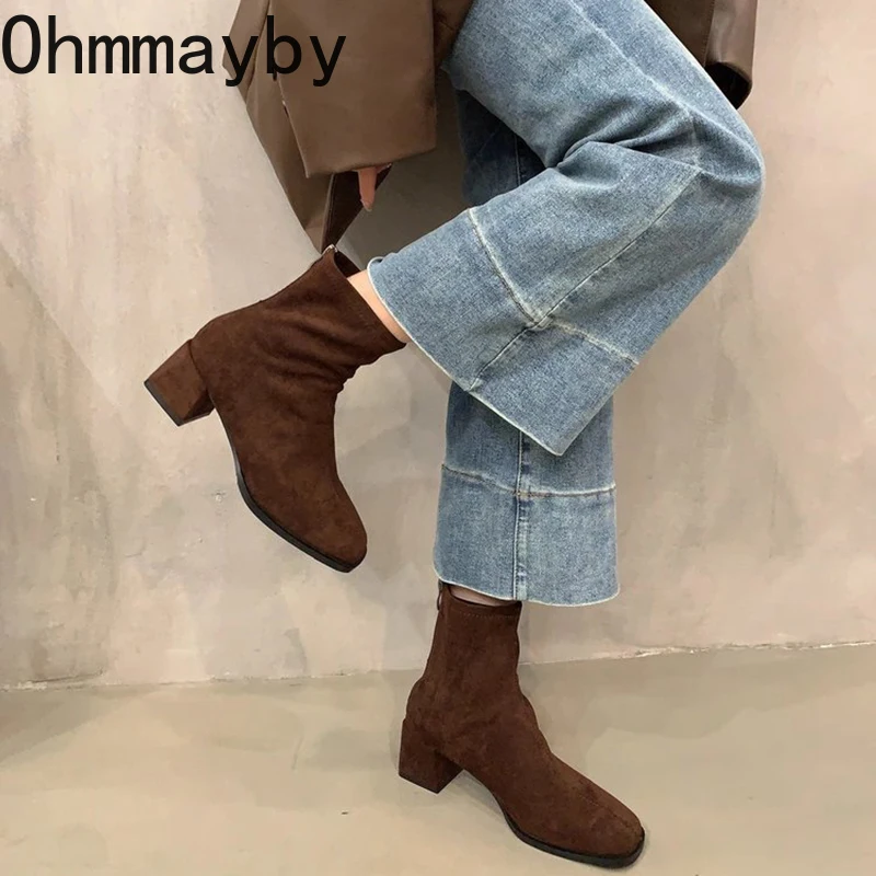 Stivaletti Slim da donna Vintage moda eleganti scarpe con punta quadrata stivaletti corti da donna con tacco alto autunnale