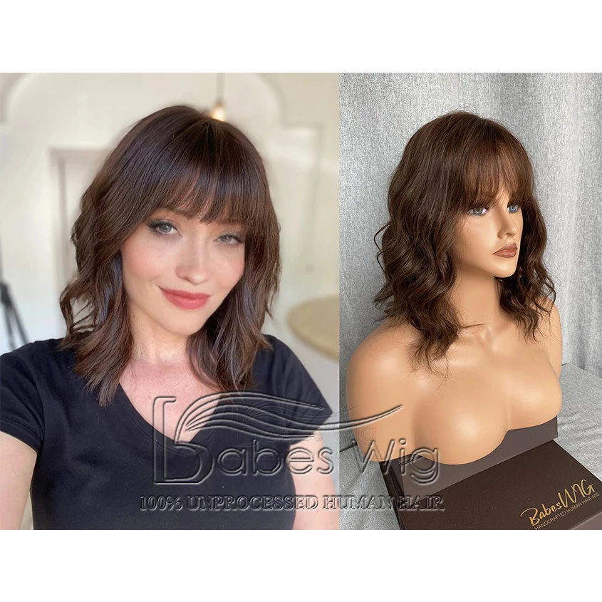 Glueless Wigs 100% Human Hair Lace Front Wig Brown Curly Wavy Hair Wig with Bangs for White Women Free Shipping Lace Wigs