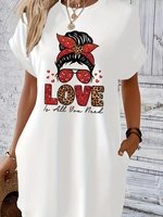 Women'S Casual Knit TShirt Dress with  Letter Print Crew Neck Short Sleeve Fashionable Top Black with Colorful Flag Design