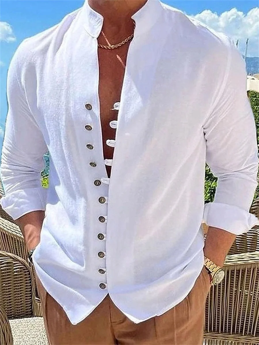 Solid color men's shirts high quality business workwear shirts spring autumn retro cotton and linen shirt tops S-3XL size
