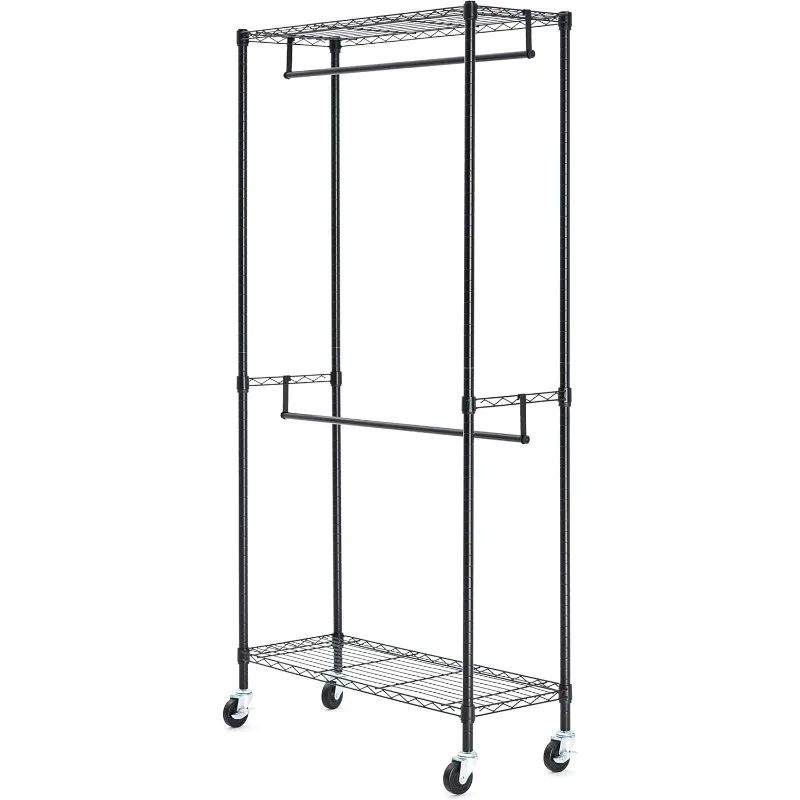 

Adjustable, Double Hanging Rod Garment Rolling Closet Organizer Rack with Wheels, Heavy Duty, Black, 36'' x 14'' x