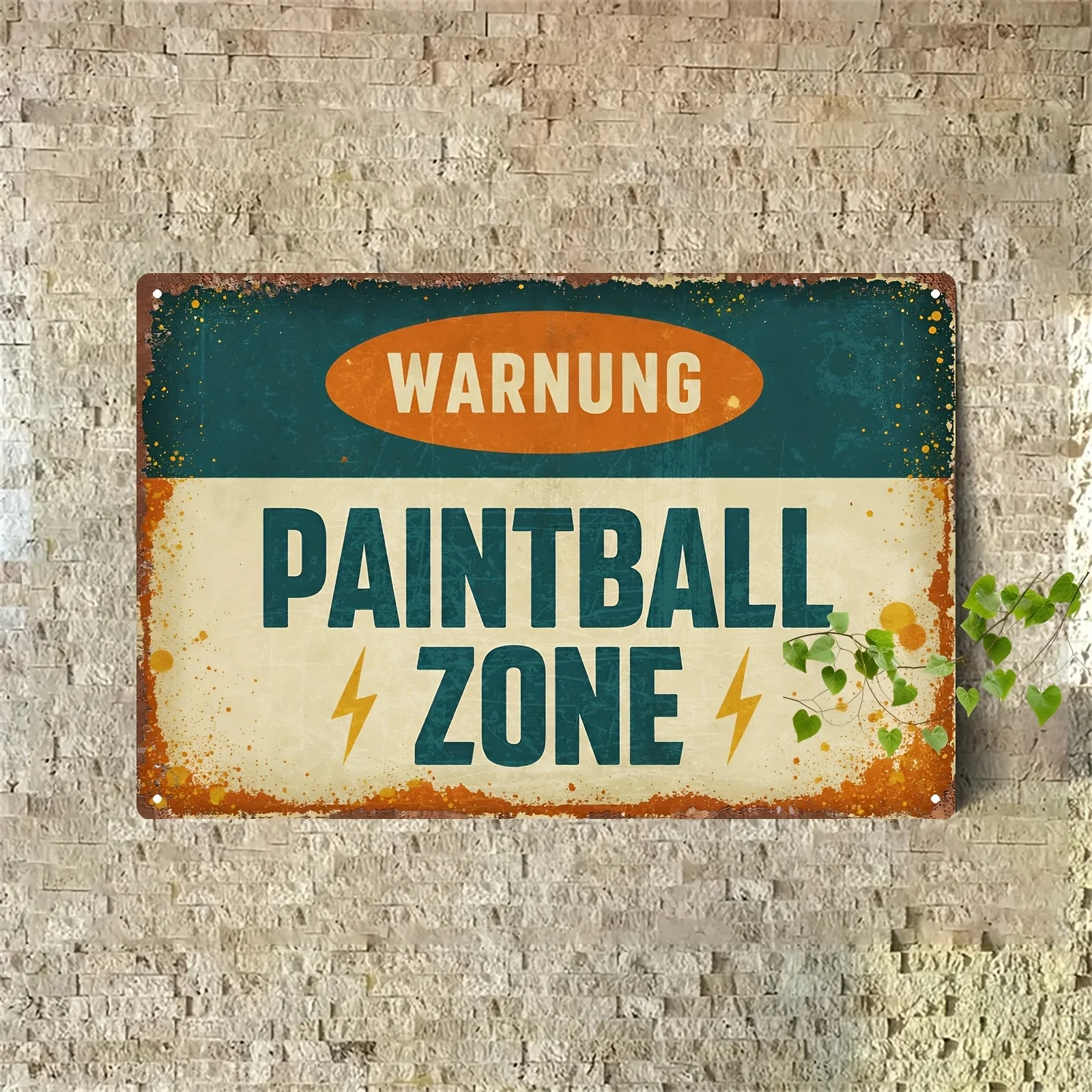 2D Flat - One Vintage Paintball Zone Metal Sign - Rustic Wall Decoration Featuring a Striking Yellow And Blue Design, Ideal for