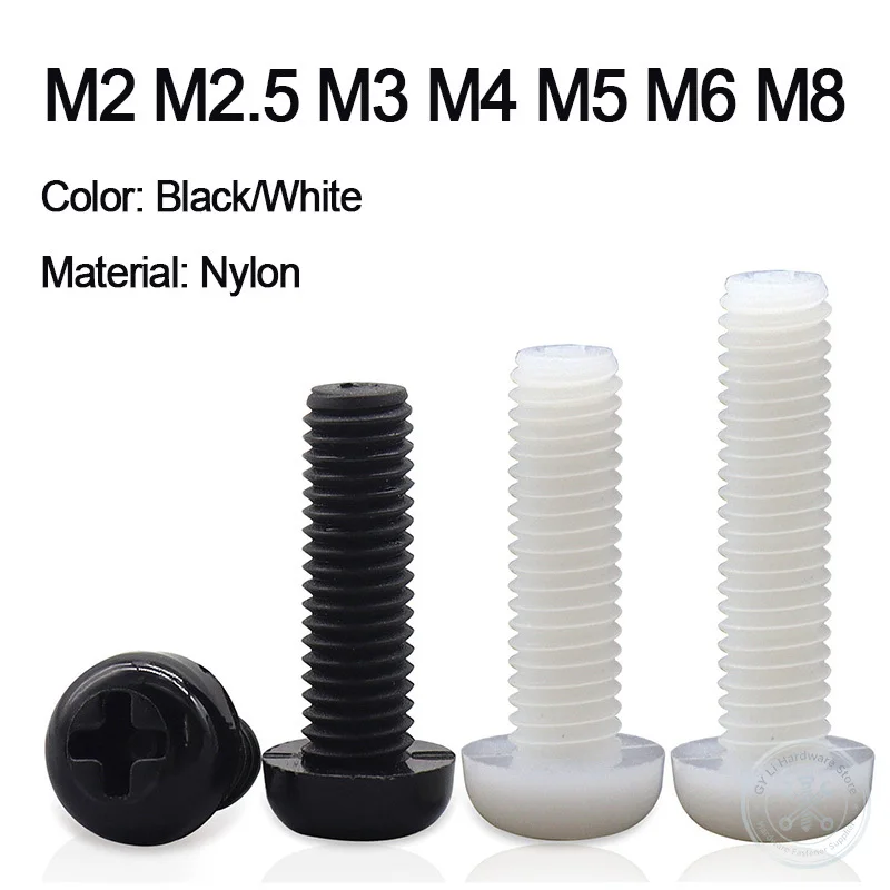M2 M2.5 M3 M4 M5 M6 M8 Black White Nylon Round Head Screws Plastic Insulated Cross Pan Head Round Screws Bolts Length 4-100mm