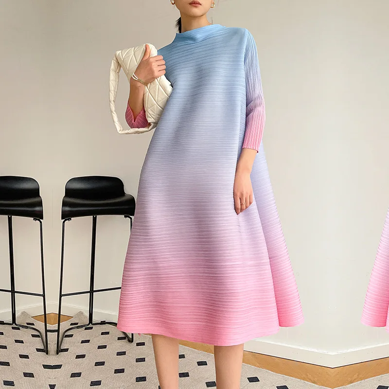 Pleated Large Size Dress for Women Summer New Gradient Color off-Neck Bottoming Skirt Loose Large Size Slimming BeautifulYs22523