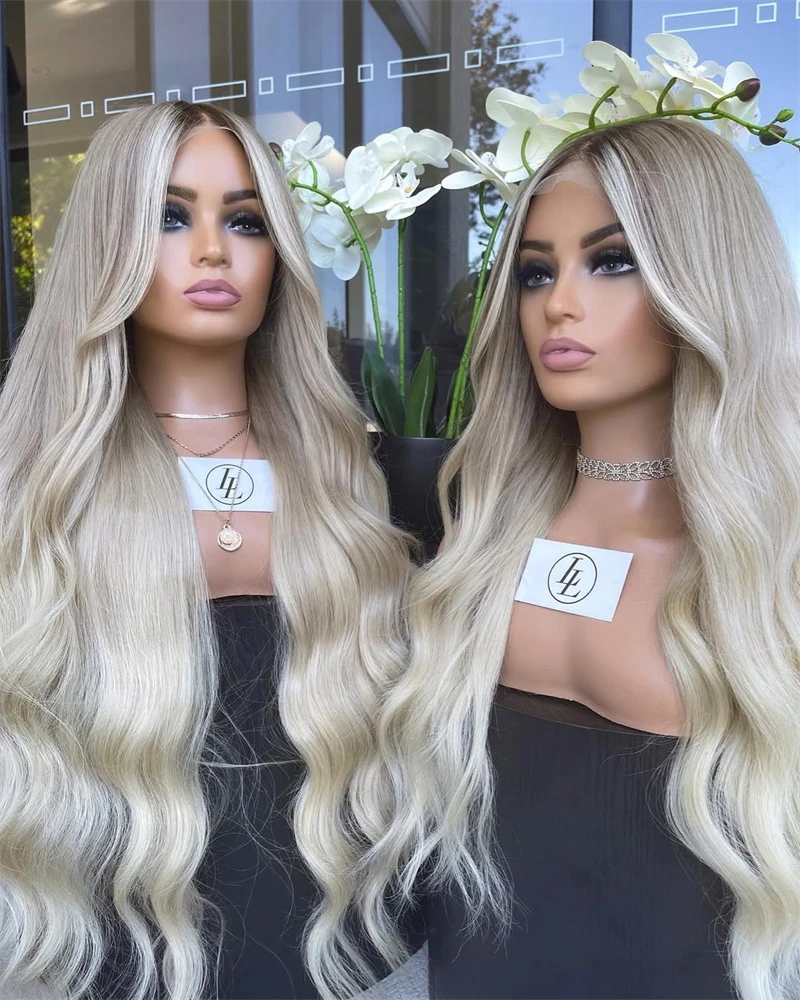 

Natural Hair Wig Long Blonde Ash Highlights Women Lace Front Wigs Synthetic Lace Front Wig Body Wave Wigs on Sale Promotion