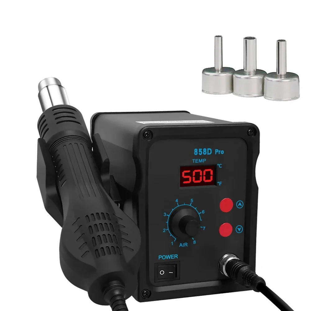 

Efficient 858D Rework Station Hot Air Tool at 220V with Temperature Control and Three Nozzles for Electronic Device Repairs