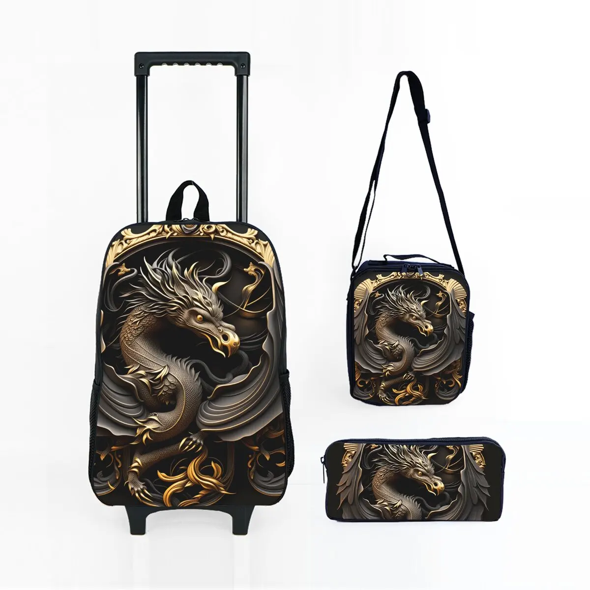 

Metal Dragon Print Children's Wheeled Rolling Bag Set with Lunch Box Pen Bag with School Trolley Backpack Bag for Girl/Boys