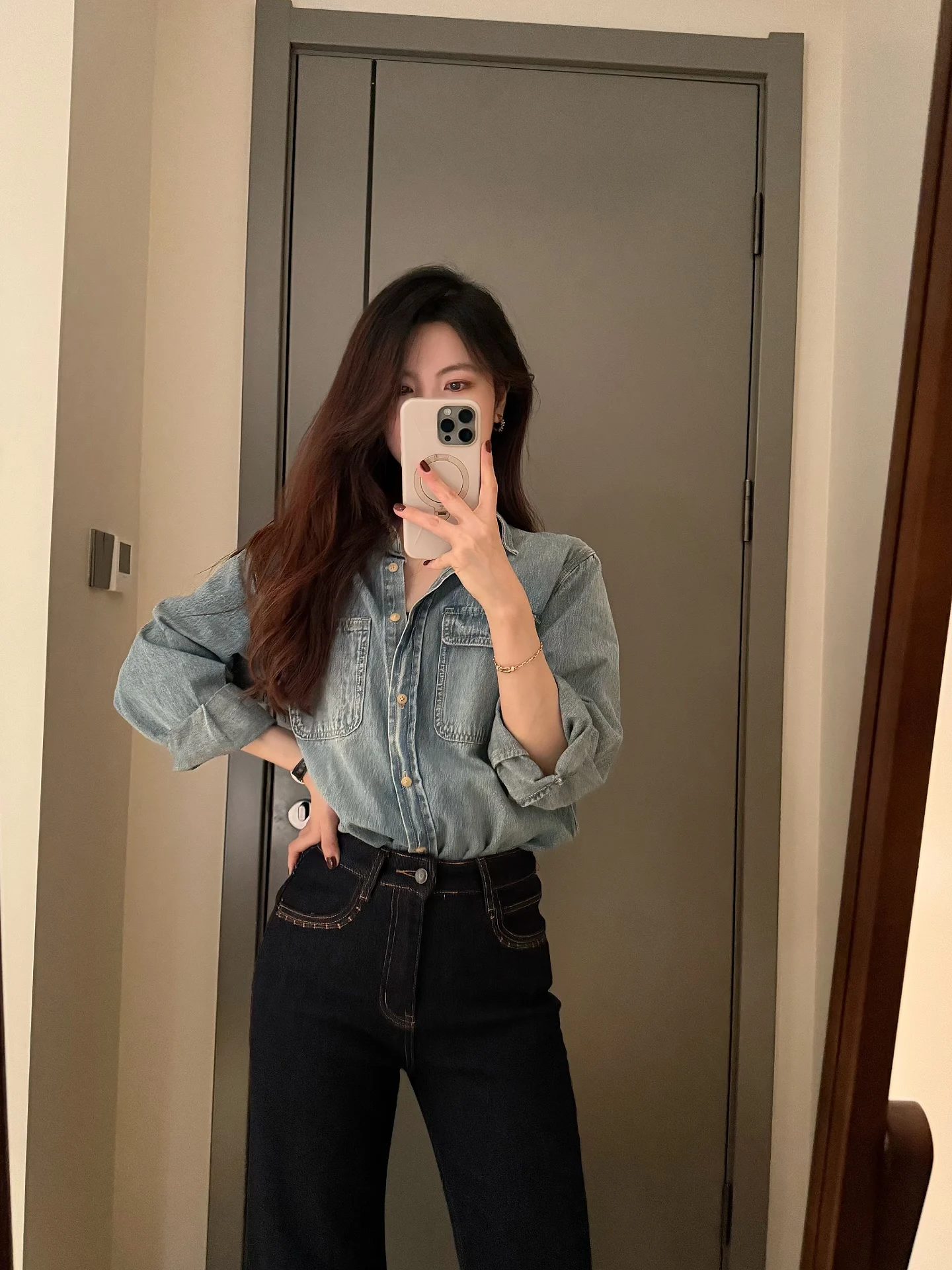 

WENDY Ретро джинсовая рубашка женская свободного кроя с длинным рукавом из смесового хлопка и полиэстера, осенне-зимняя, новая модель, с воротником на пуговицах