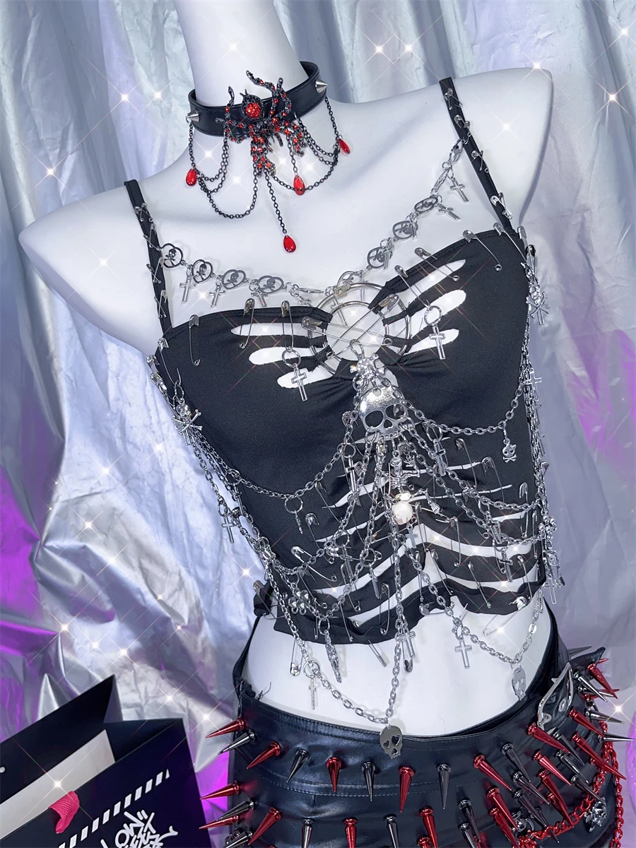 

Gothic Punk Hollow out Sexy Chain Strap Vest Y2K Trendy Culture ort Sve Breathable Women's Faion Ci Walk Top