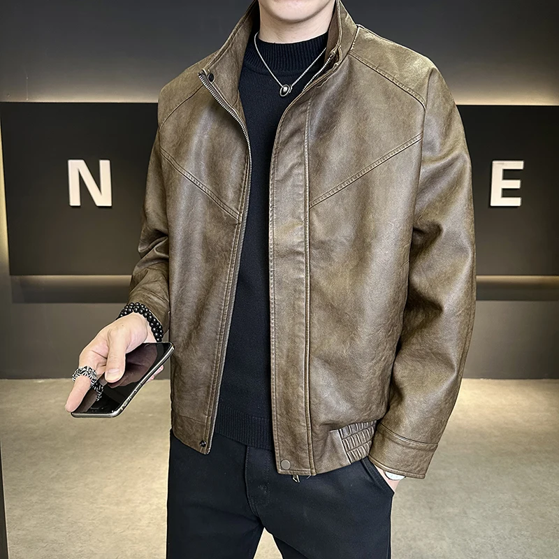 

Мужская кожаная куртка-пиджак в американском ретро-стиле, повседневная, с воротником-стойкой, высококачественная, новая весенняя коллекция, для спорта и активного отдыха, приталенный крой