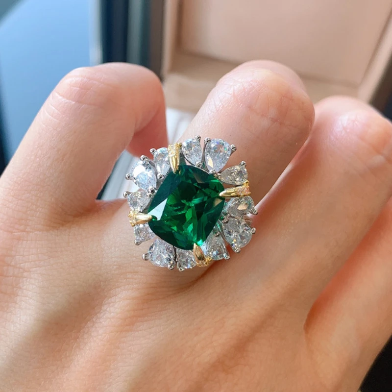 Fashion Noble Emerald Women's Ring Diamond-Encrusted Main Stone 10*12 Wedding Ring Women's Opening Product Adjustable Size