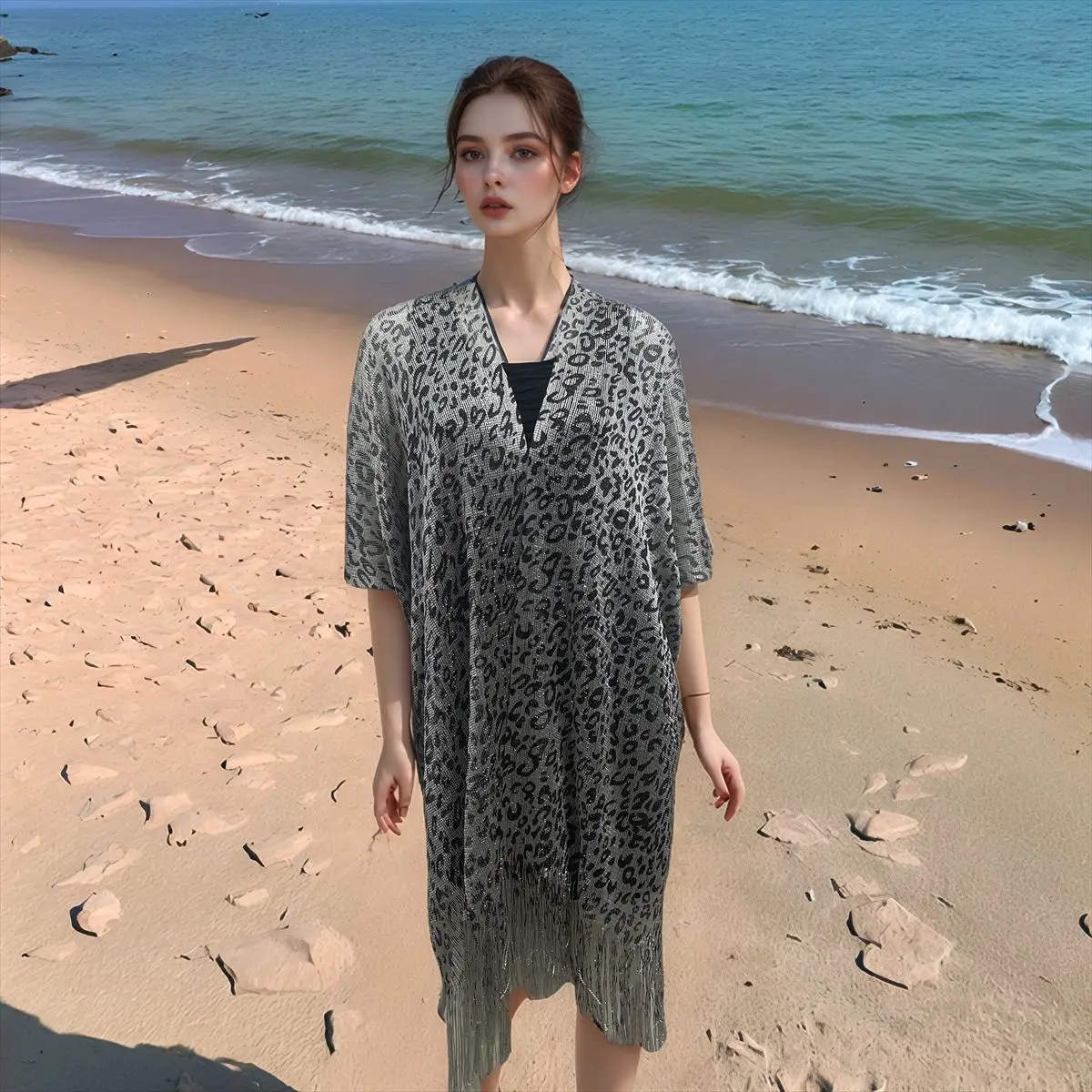 

Летний открытый кардиган с золотым леопардовым принтом, накидка на бикини, новый Sle Beach Vaion, защита от солнца, уличная полиэфирная ткань