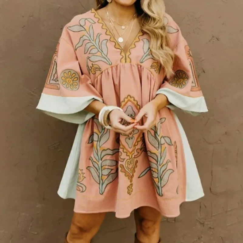 Women's Summer Floral Print Dress V-Neck Loose Fit Short Dress For Beach Print With A V-neck and Three-quarter Sleeves