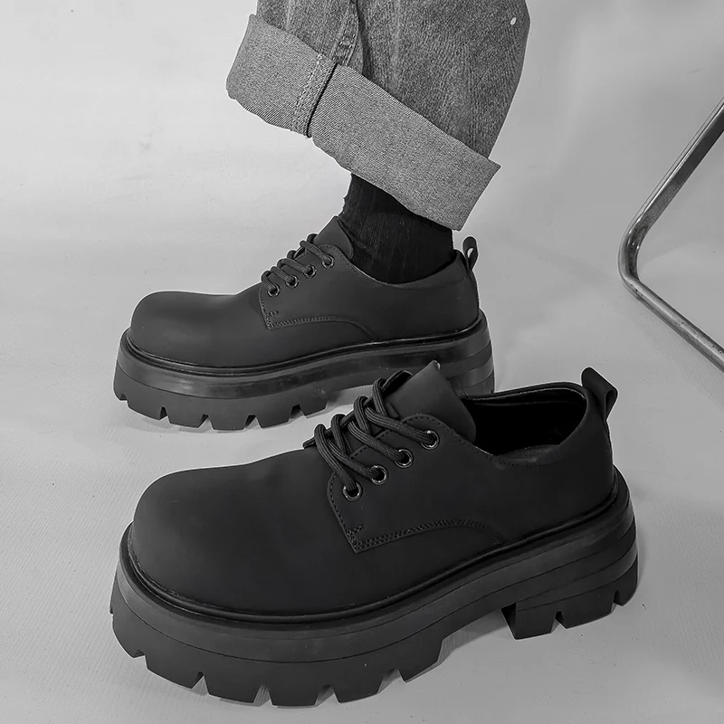 

Men Large sized Derby Shoes Black Color Casual Lace Thick soled Anti-slip Fashionable Leather Shoes for Commuting Sizes 38-46