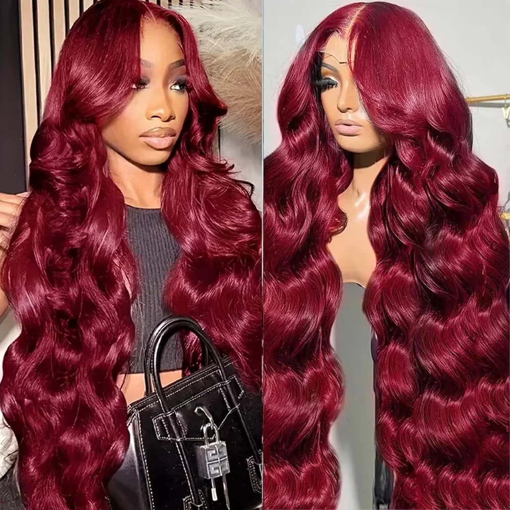 99j بورجوندي شعر بشري مموج 13x6 HD باروكة أمامية من الدانتيل 13x4 مجعد ملون 36 40 بوصة شعر برازيلي للنساء كثافة 200 #1