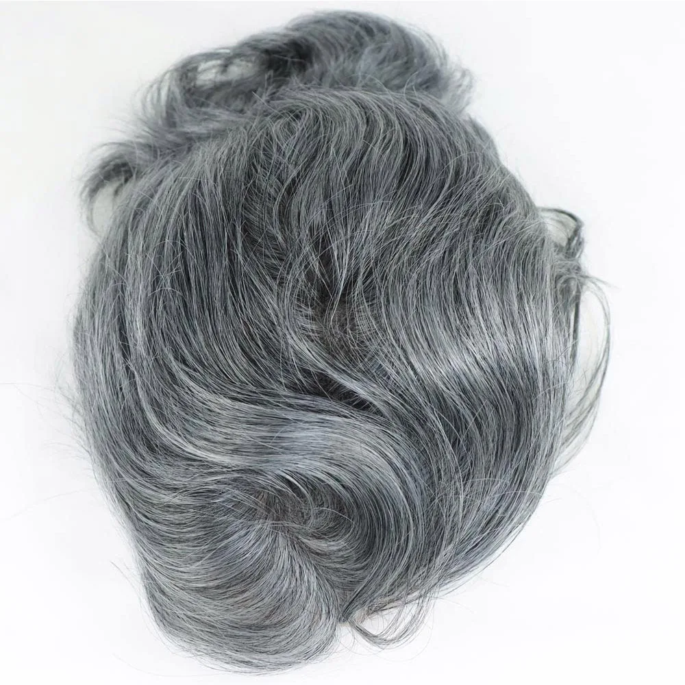 Grey Men's Human Hair Toupee, Wavy Mono Lace Front Wig