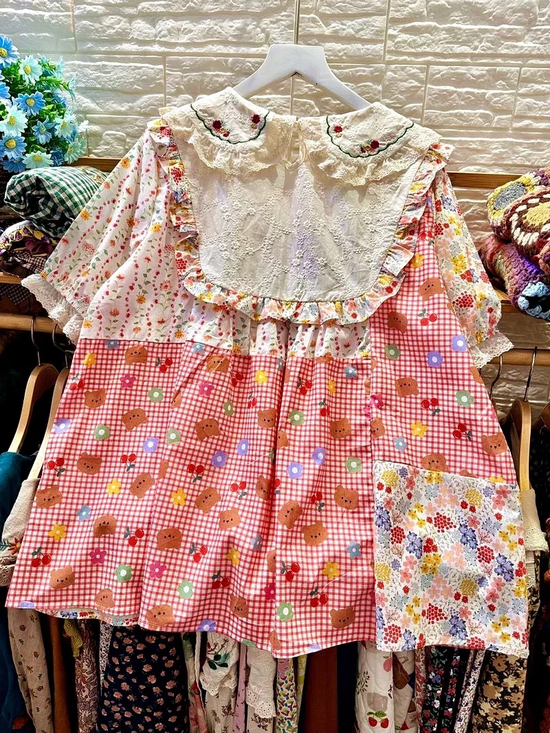 Sweet Cute Harajuku Cotton Patchwork Ruffled Lace Babydoll Blouse Women Summer Short Sleeve Vintage Shabby Chic Kawaii Shirt Top