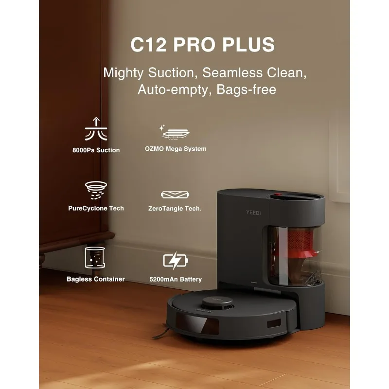 Yeedi C12 PRO PLUS Robot Vacuum and Mop, 8000Pa Strong Suction, 7-week Dust Storage, Bagless Dust Container, PureCyclone Tech