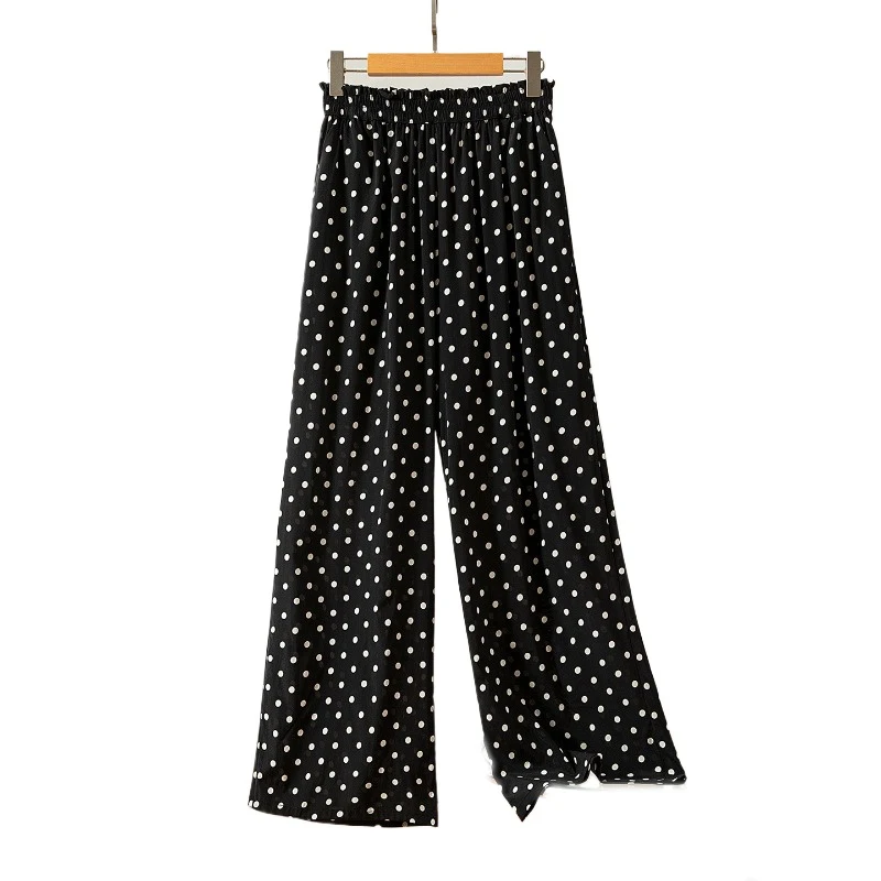 2025 Women's Classic New 100% Natural Mulberry Silk Crepe De Chine Black/White Wave Dot Flower Bud High Waist Straight Leg Pants
