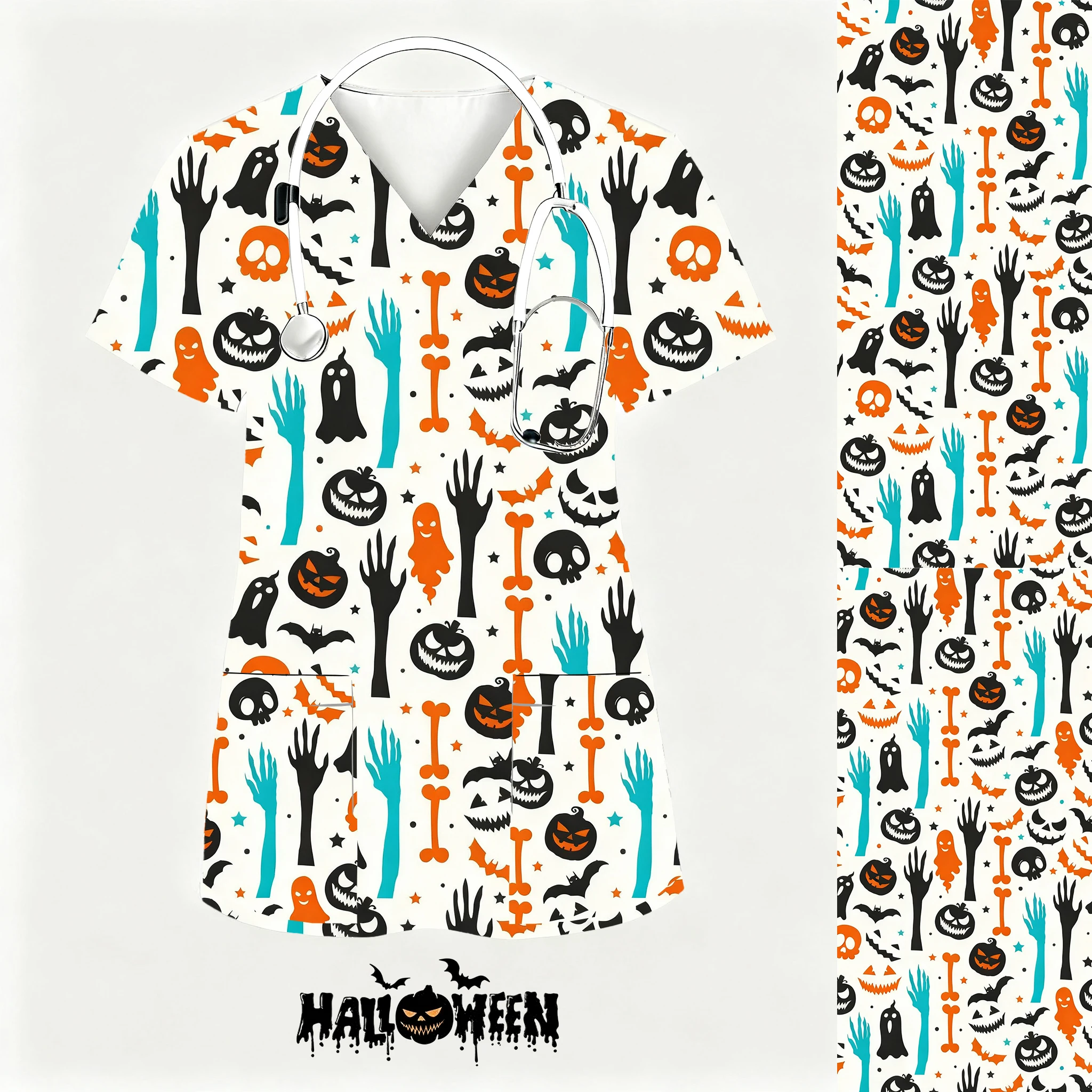 ชุดยูนิฟอร์มแพทย์หญิง The Nightmare Before Nurses เสื้อแขนสั้นแบบมีกระเป๋า ชุดสครับแพทย์หญิง ชุดยูนิฟอร์มทางการแพทย์