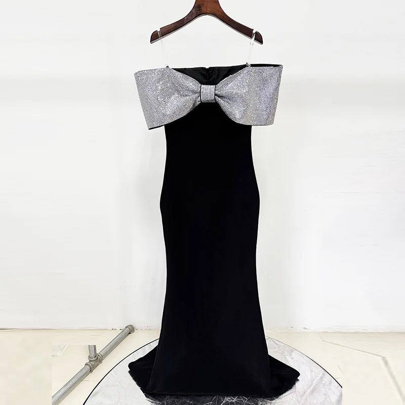 

European American design fashion heavy-duty hot-fix rhinestone bow long dress celebrity gown ropa mujer vestidos party dresses