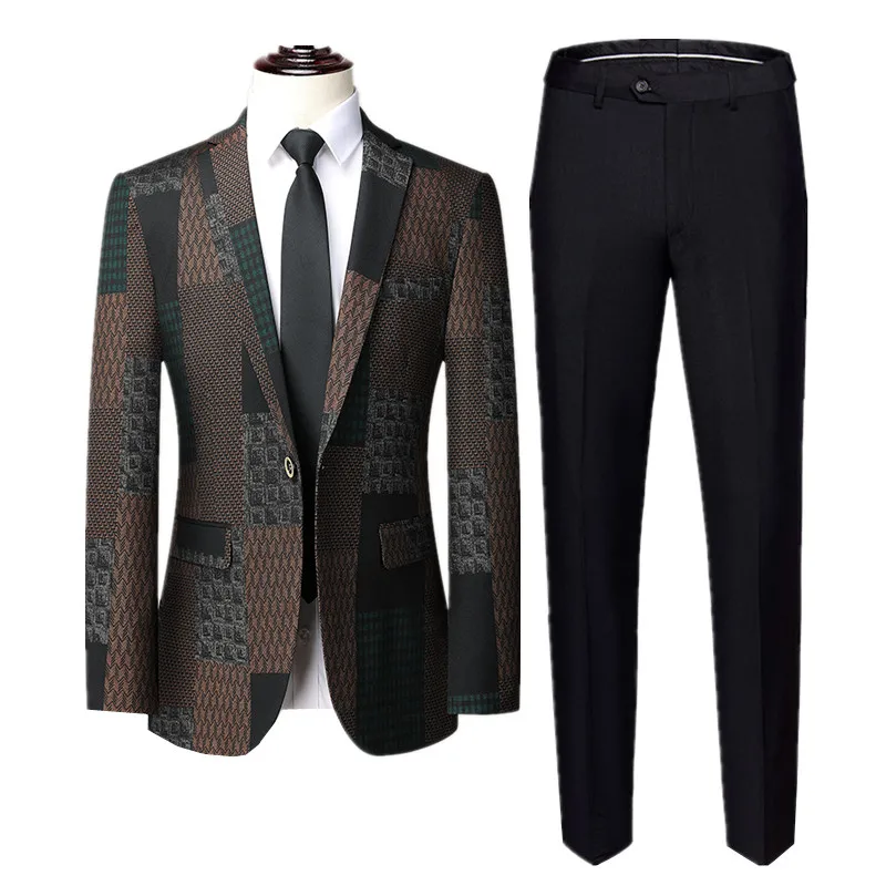 

New Men Printed Suit 2 Piece Large Size 6XL Men's Wedding Dance Party Dress Blazer Jacket and Solid Color Pants